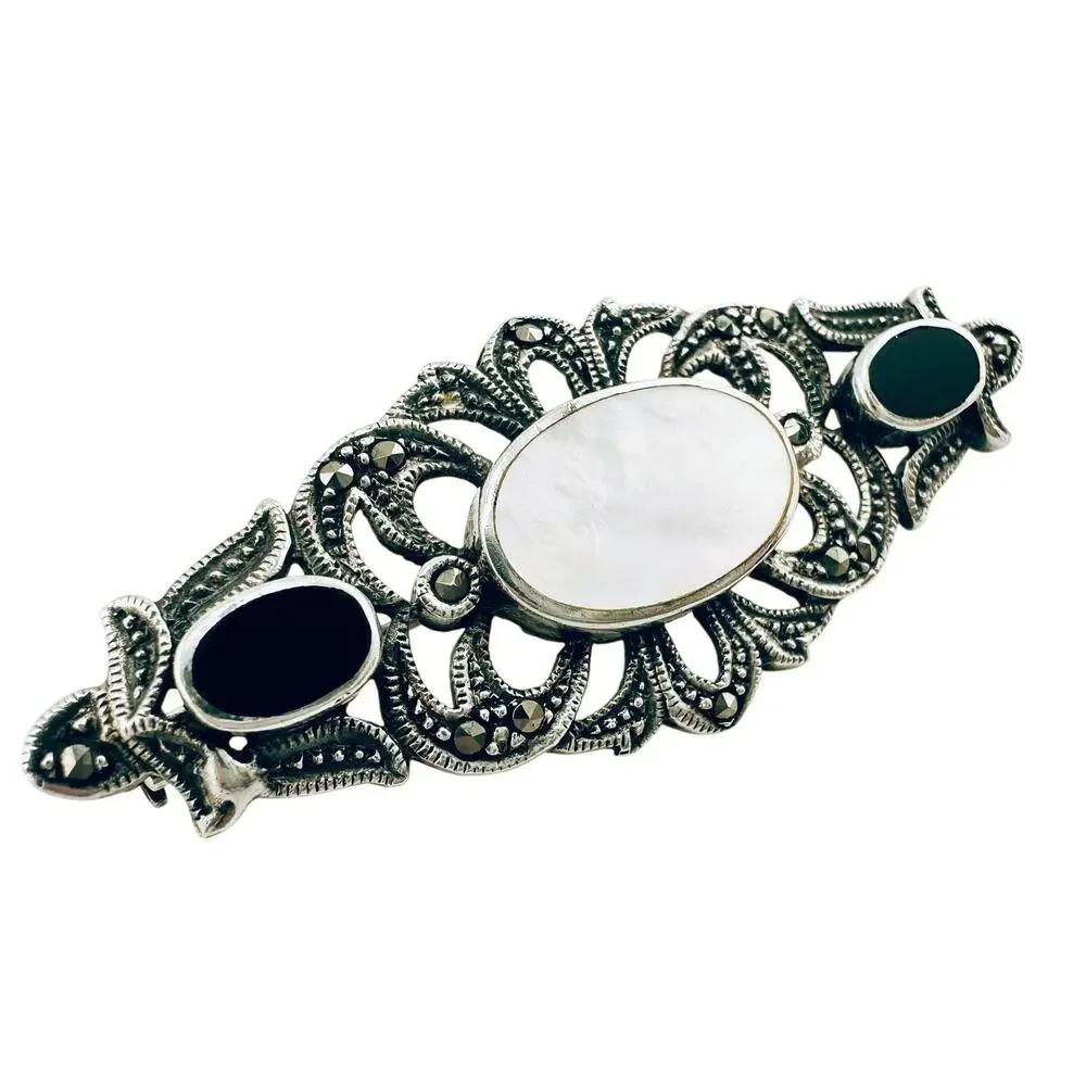 Vintage 925 Victorian Revival Onyx Mother of Pearl Marcasite Filigree Brooch